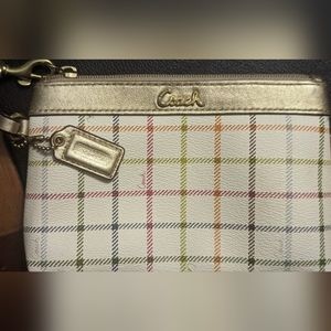 EUC Coach PVC white with multicolor Tattersall pattern gold leather deta…
